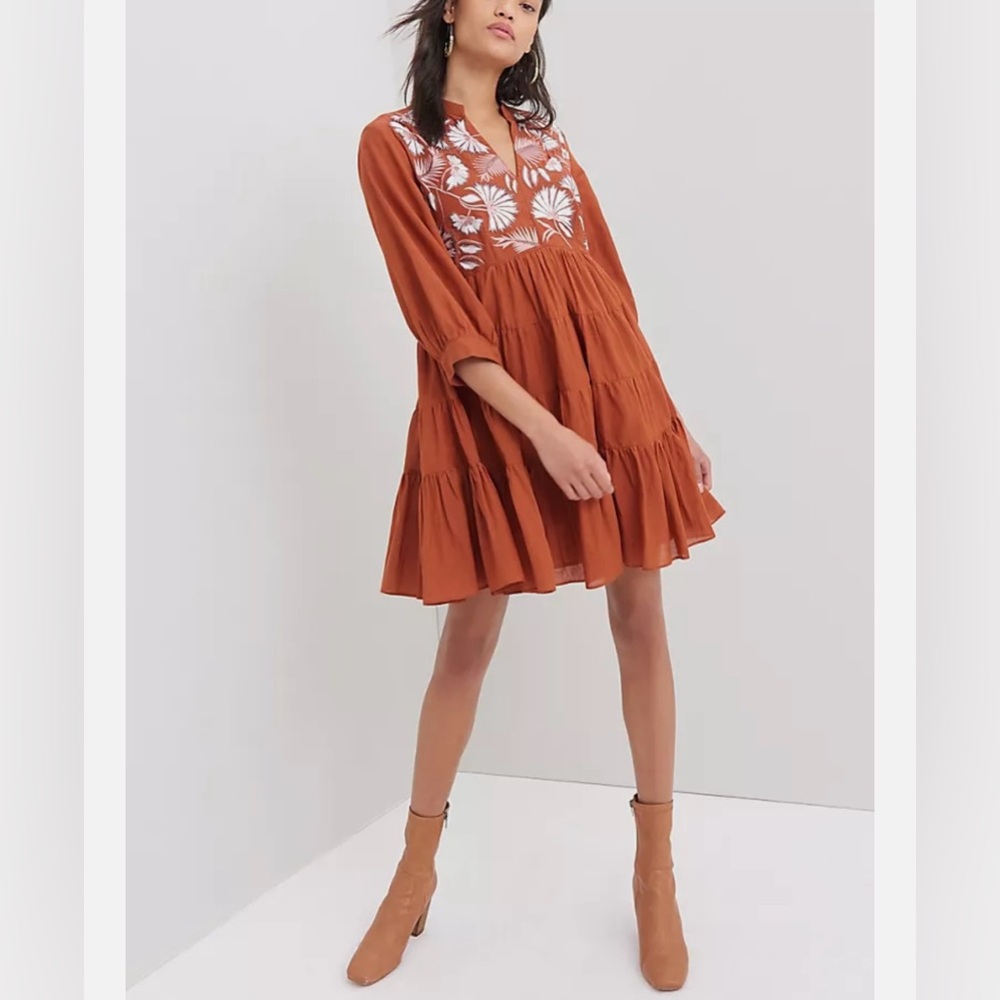 ANTHROPOLOGIE SAMANT CHAUHAN APOLLINE EMBROIDERED TUNIC TIERED SWING DRESS SZ SP